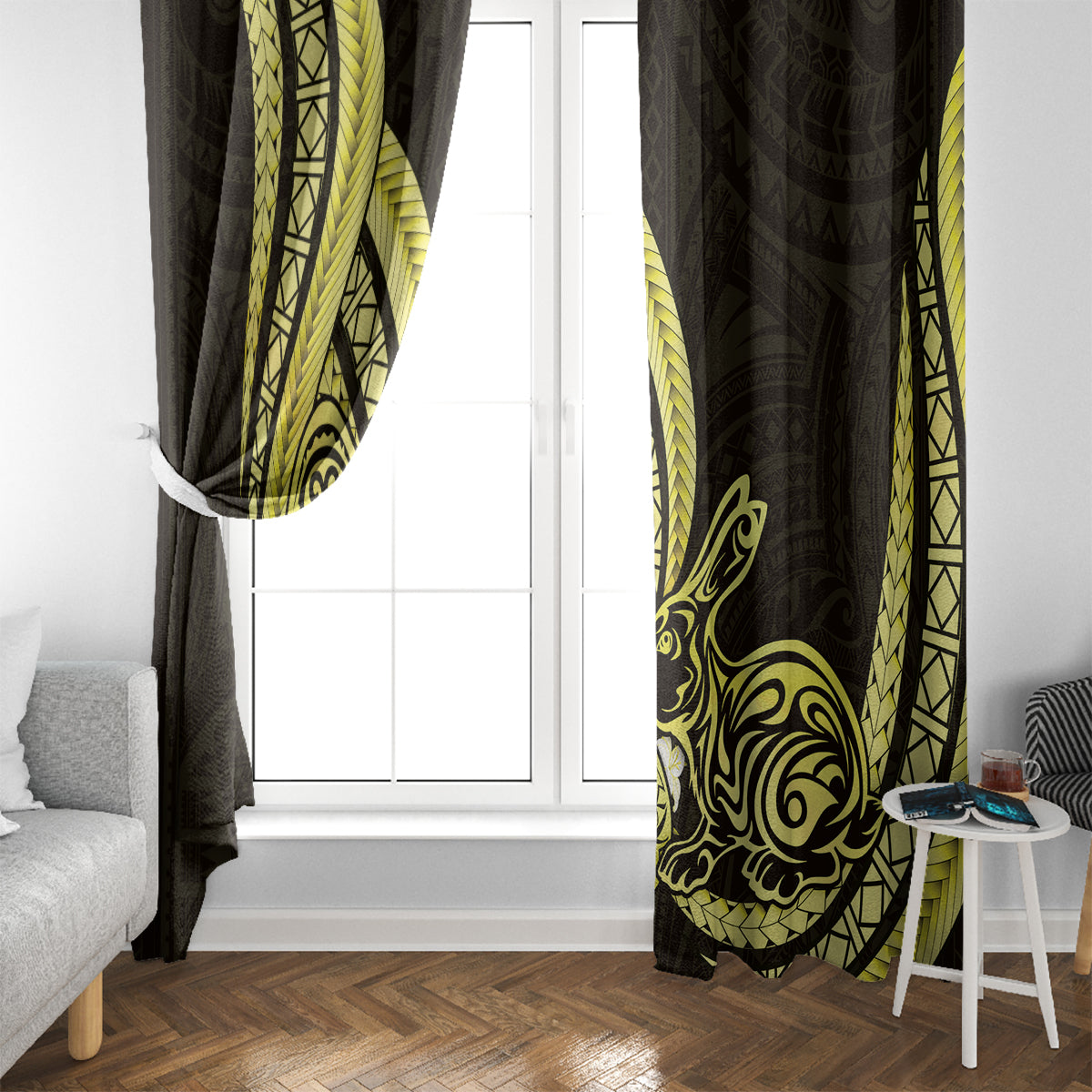 Yellow Polynesia Easter Day Window Curtain Eggs With Bunny Polynesian Pattern LT14 - Polynesian Pride