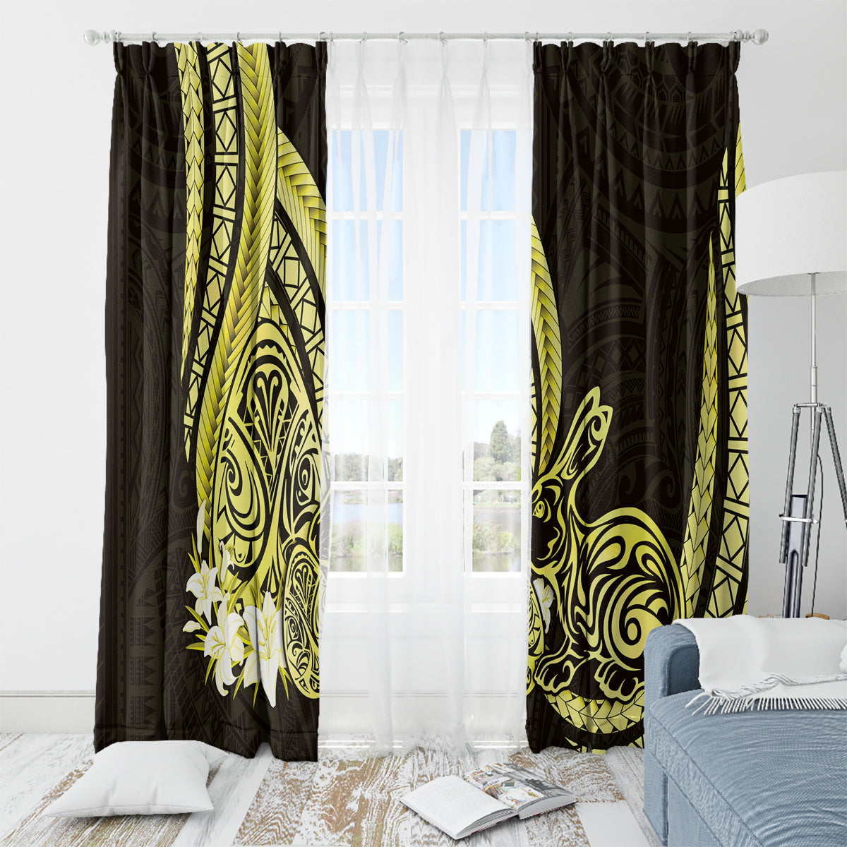 Yellow Polynesia Easter Day Window Curtain Eggs With Bunny Polynesian Pattern LT14 - Polynesian Pride