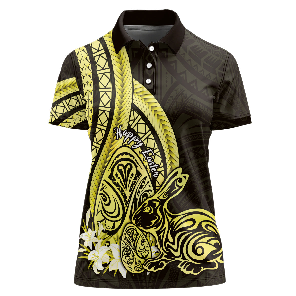 Yellow Polynesia Easter Day Women Polo Shirt Eggs With Bunny Polynesian Pattern