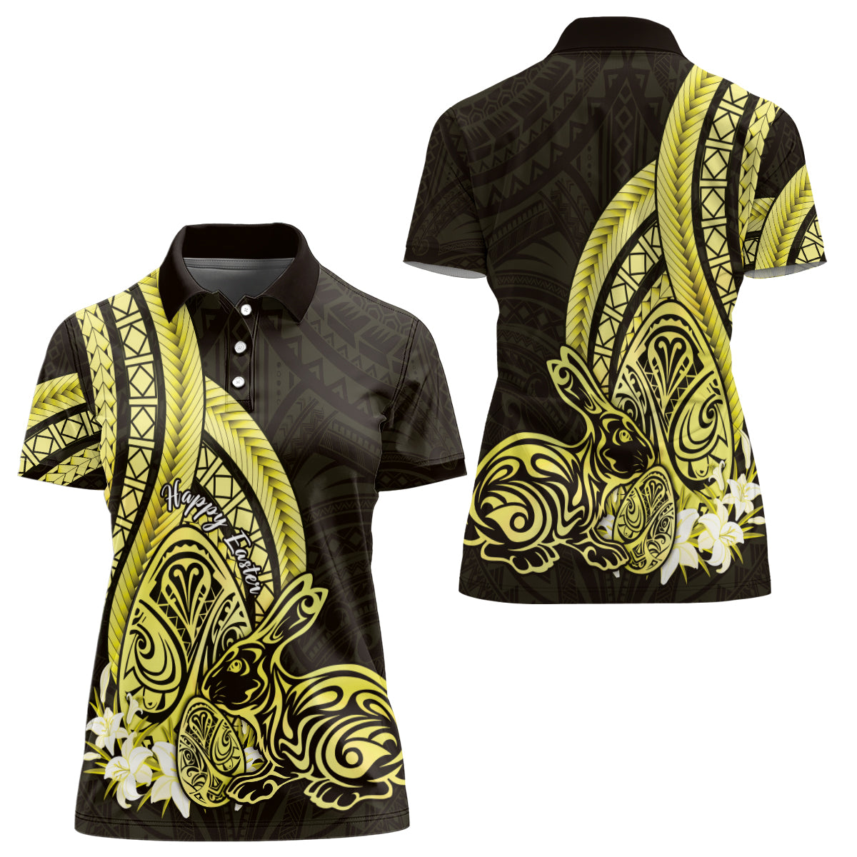 Yellow Polynesia Easter Day Women Polo Shirt Eggs With Bunny Polynesian Pattern
