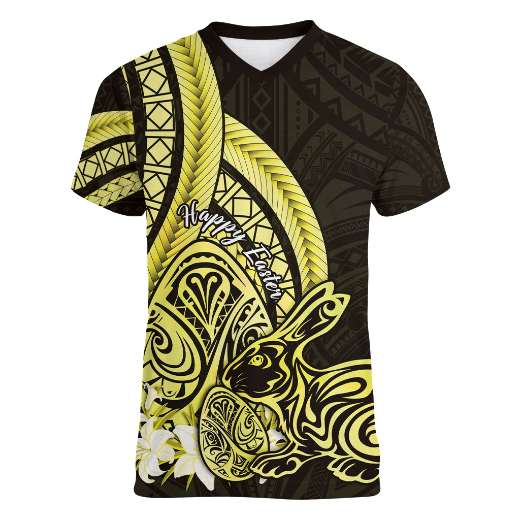 Yellow Polynesia Easter Day Women V Neck T Shirt Eggs With Bunny Polynesian Pattern