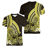 Yellow Polynesia Easter Day Women V Neck T Shirt Eggs With Bunny Polynesian Pattern