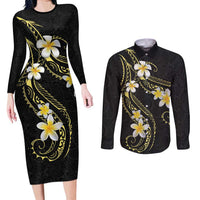 Polynesia Tattoo With Plumeria Couples Matching Long Sleeve Bodycon Dress and Long Sleeve Button Shirt Elegant Vibes LT14 Black - Polynesian Pride