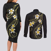 Polynesia Tattoo With Plumeria Couples Matching Long Sleeve Bodycon Dress and Long Sleeve Button Shirt Elegant Vibes LT14 - Polynesian Pride