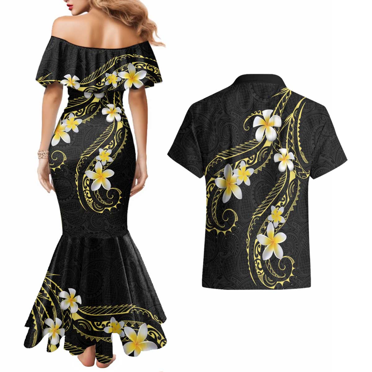 Polynesia Tattoo With Plumeria Couples Matching Mermaid Dress and Hawaiian Shirt Elegant Vibes