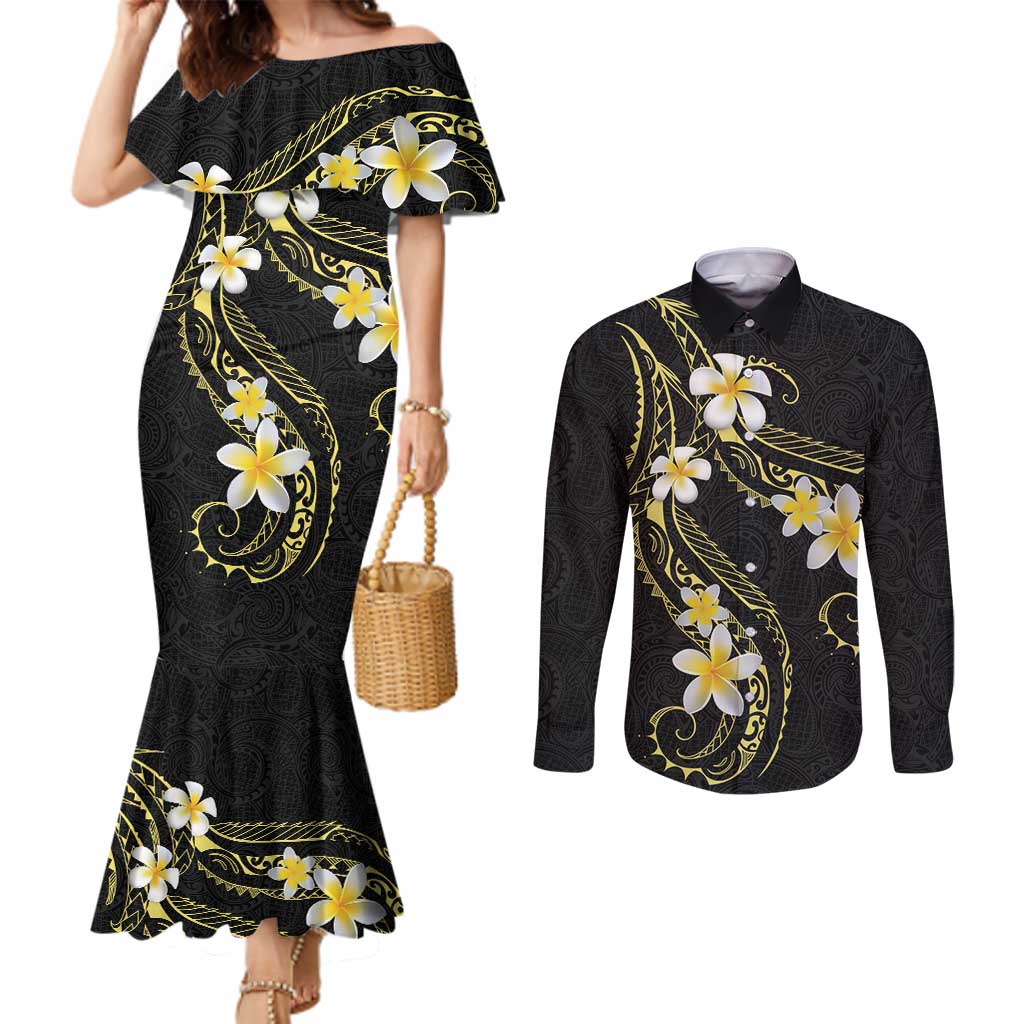 Polynesia Tattoo With Plumeria Couples Matching Mermaid Dress and Long Sleeve Button Shirt Elegant Vibes LT14 Black - Polynesian Pride