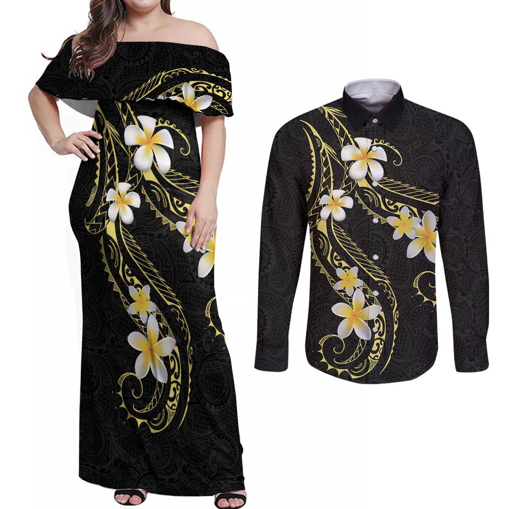 Polynesia Tattoo With Plumeria Couples Matching Off Shoulder Maxi Dress and Long Sleeve Button Shirt Elegant Vibes LT14 Black - Polynesian Pride