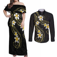 Polynesia Tattoo With Plumeria Couples Matching Off Shoulder Maxi Dress and Long Sleeve Button Shirt Elegant Vibes LT14 Black - Polynesian Pride