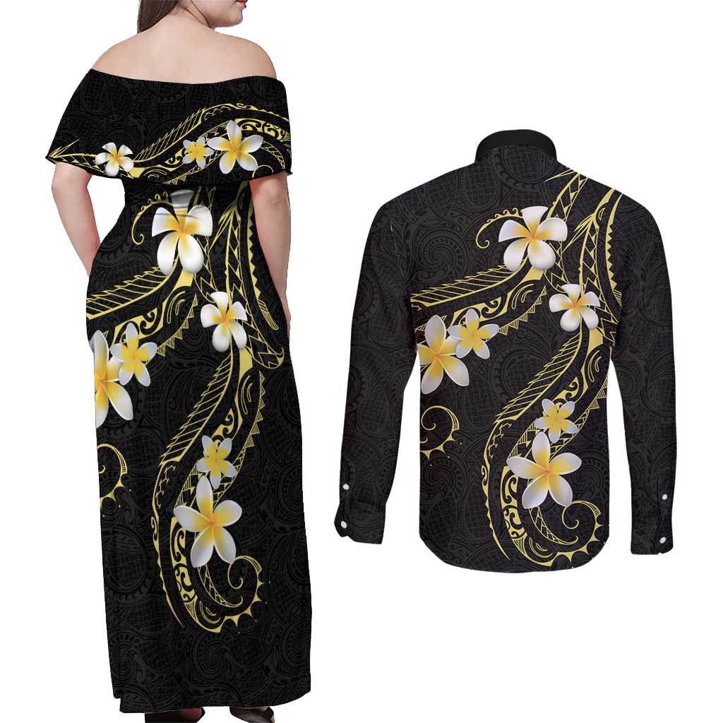 Polynesia Tattoo With Plumeria Couples Matching Off Shoulder Maxi Dress and Long Sleeve Button Shirt Elegant Vibes LT14 - Polynesian Pride