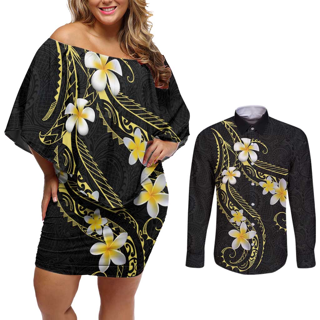 Polynesia Tattoo With Plumeria Couples Matching Off Shoulder Short Dress and Long Sleeve Button Shirt Elegant Vibes LT14 Black - Polynesian Pride