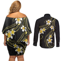 Polynesia Tattoo With Plumeria Couples Matching Off Shoulder Short Dress and Long Sleeve Button Shirt Elegant Vibes LT14 - Polynesian Pride