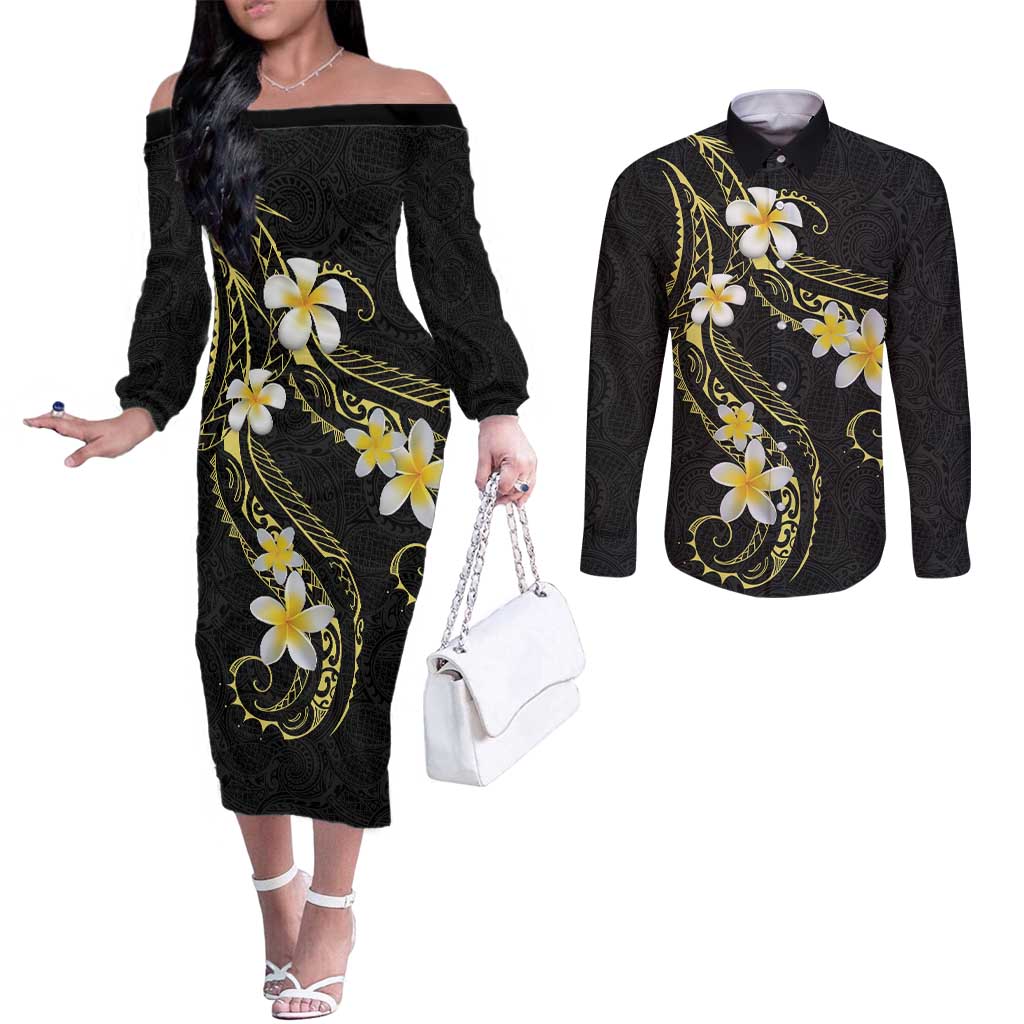 Polynesia Tattoo With Plumeria Couples Matching Off The Shoulder Long Sleeve Dress and Long Sleeve Button Shirt Elegant Vibes LT14 Black - Polynesian Pride