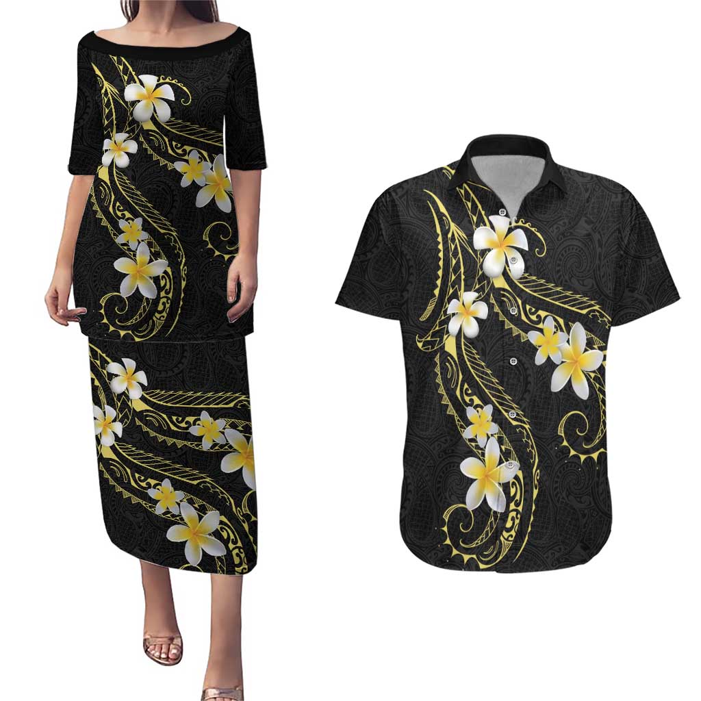 Polynesia Tattoo With Plumeria Couples Matching Puletasi and Hawaiian Shirt Elegant Vibes LT14 Black - Polynesian Pride