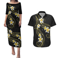 Polynesia Tattoo With Plumeria Couples Matching Puletasi and Hawaiian Shirt Elegant Vibes LT14 Black - Polynesian Pride