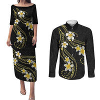 Polynesia Tattoo With Plumeria Couples Matching Puletasi and Long Sleeve Button Shirt Elegant Vibes LT14 Black - Polynesian Pride