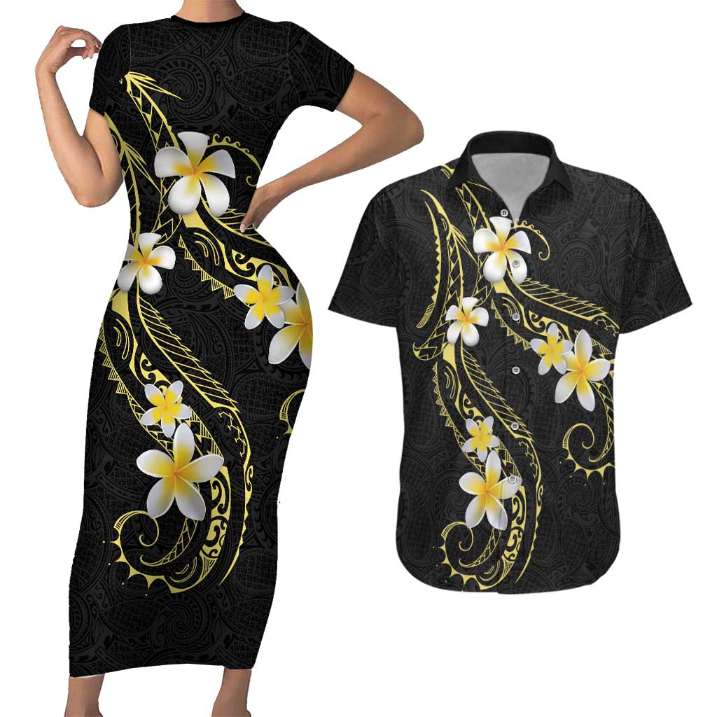 Polynesia Tattoo With Plumeria Couples Matching Short Sleeve Bodycon Dress and Hawaiian Shirt Elegant Vibes LT14 Black - Polynesian Pride