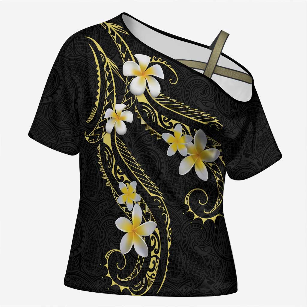 Polynesia Tattoo With Plumeria Cross Shoulder Shirt Elegant Vibes LT14 Female Black - Polynesian Pride