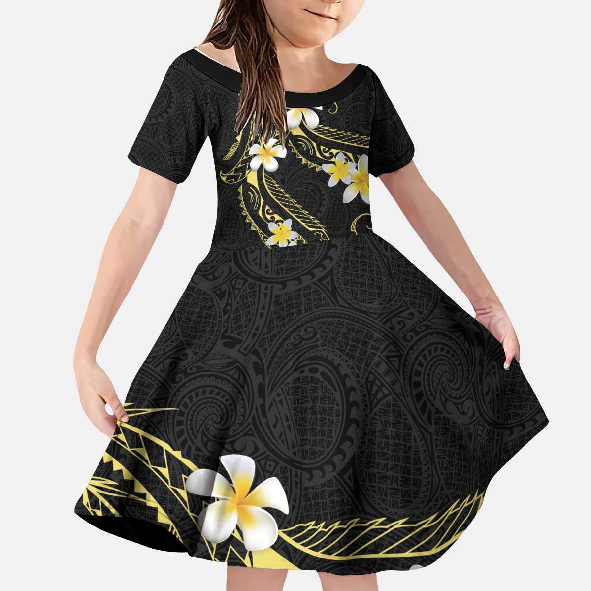 Polynesia Tattoo With Plumeria Kid Short Sleeve Dress Elegant Vibes LT14 KID Black - Polynesian Pride