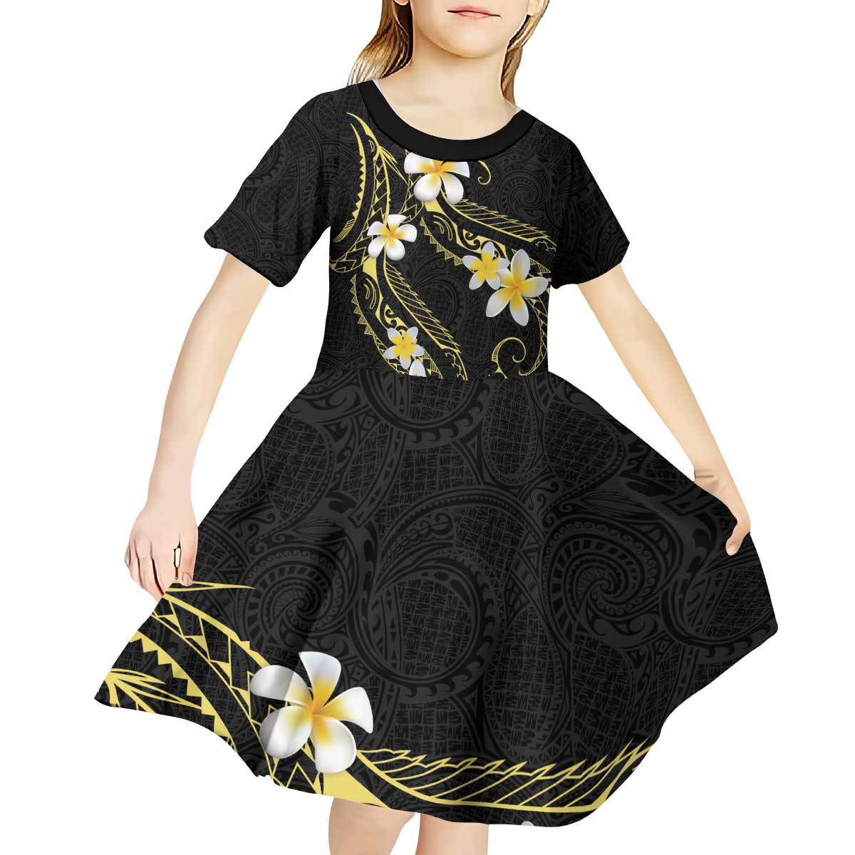 Polynesia Tattoo With Plumeria Kid Short Sleeve Dress Elegant Vibes LT14 - Polynesian Pride