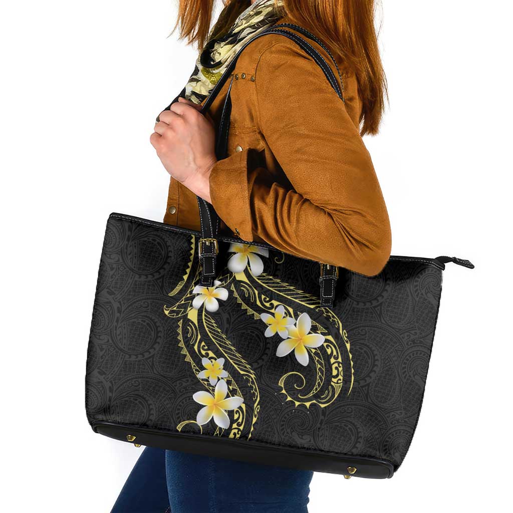 Polynesia Tattoo With Plumeria Leather Tote Bag Elegant Vibes LT14 Black - Polynesian Pride
