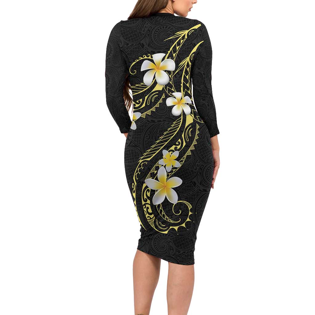 Polynesia Tattoo With Plumeria Long Sleeve Bodycon Dress Elegant Vibes LT14 - Polynesian Pride