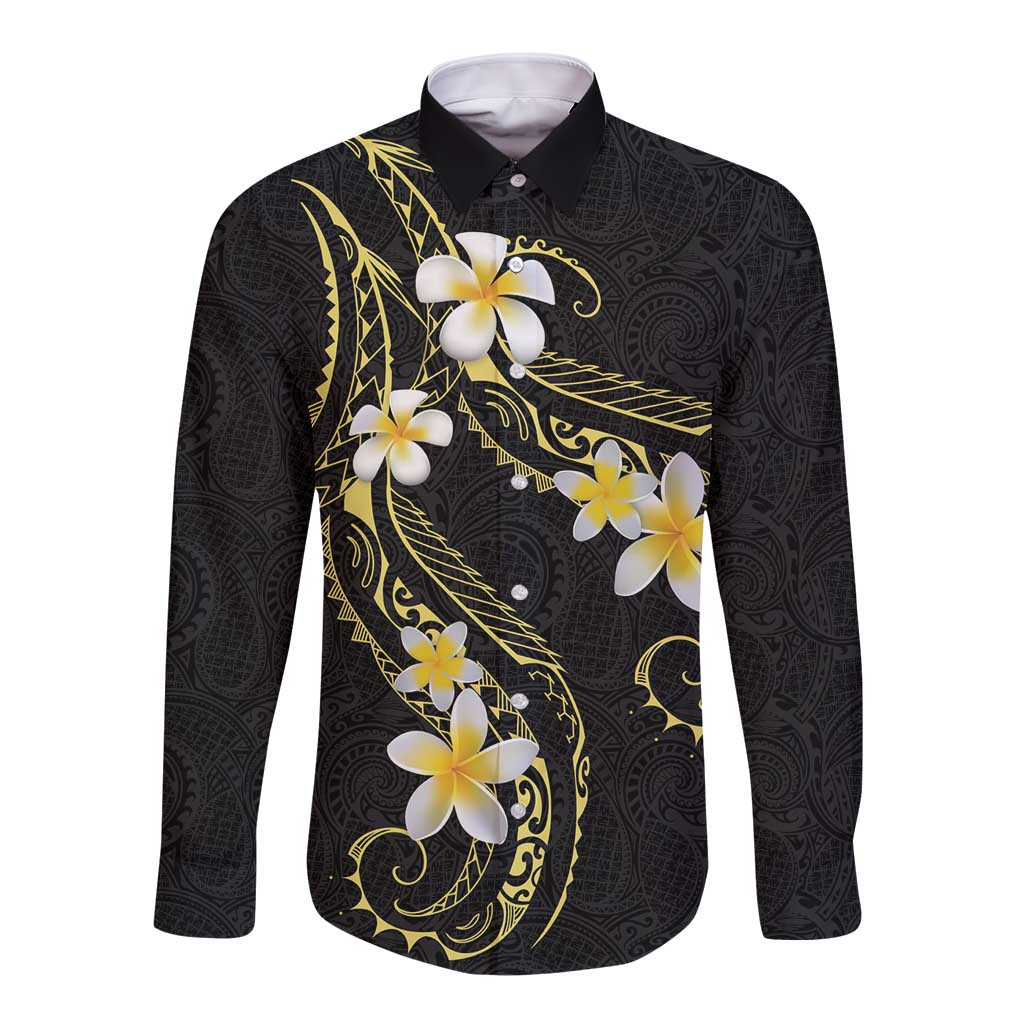 Polynesia Tattoo With Plumeria Long Sleeve Button Shirt Elegant Vibes LT14 Unisex Black - Polynesian Pride