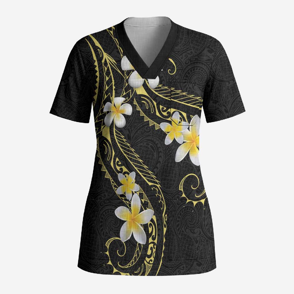 Polynesia Tattoo With Plumeria Scrub Top Elegant Vibes LT14 Adult Black - Polynesian Pride