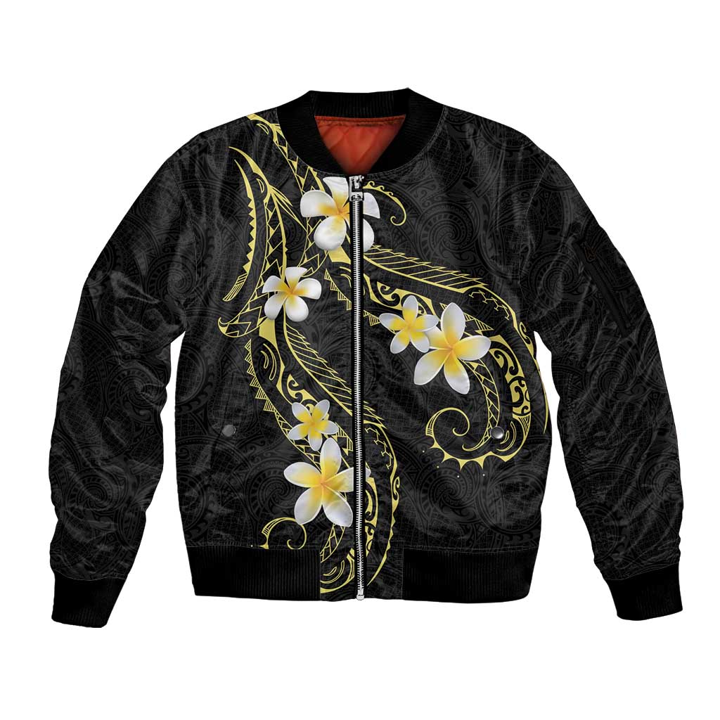 Polynesia Tattoo With Plumeria Sleeve Zip Bomber Jacket Elegant Vibes LT14 Unisex Black - Polynesian Pride