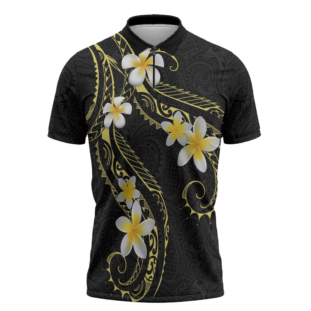 Polynesia Tattoo With Plumeria Zipper Polo Shirt Elegant Vibes LT14 Black - Polynesian Pride
