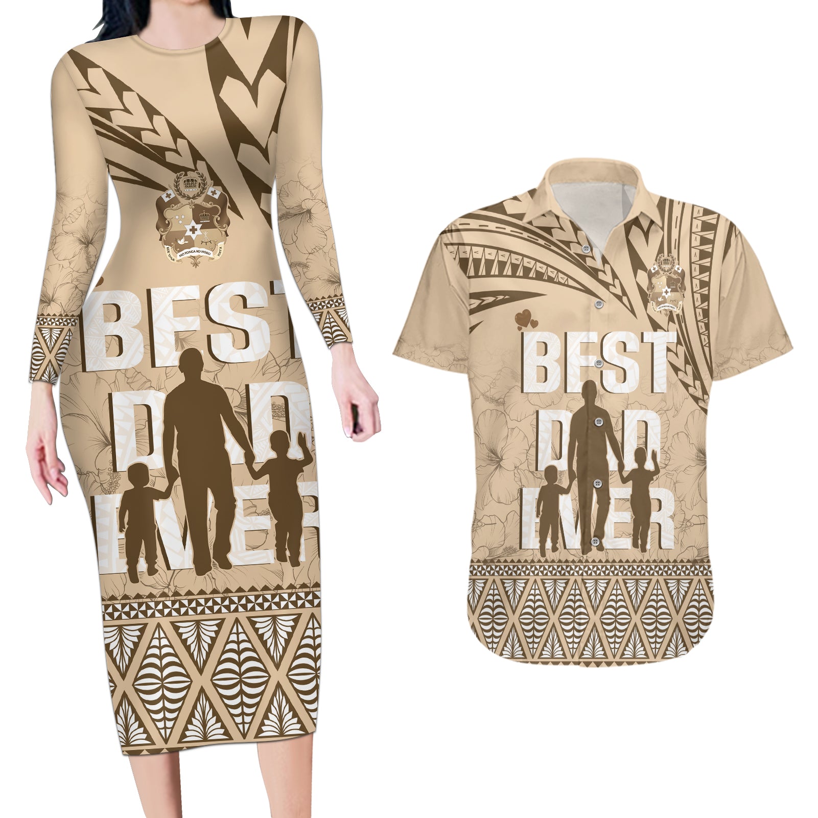 Tonga Father's Day Couples Matching Long Sleeve Bodycon Dress and Hawaiian Shirt Best Dad Ever Tongan Ngatu Pattern - Beige