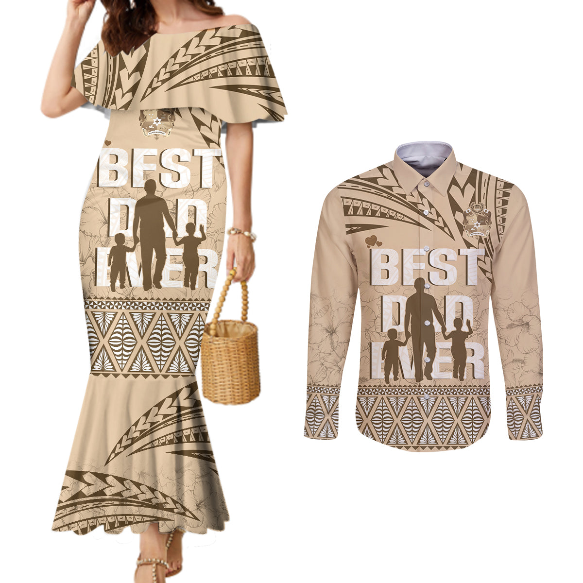 Tonga Father's Day Couples Matching Mermaid Dress and Long Sleeve Button Shirt Best Dad Ever Tongan Ngatu Pattern - Beige