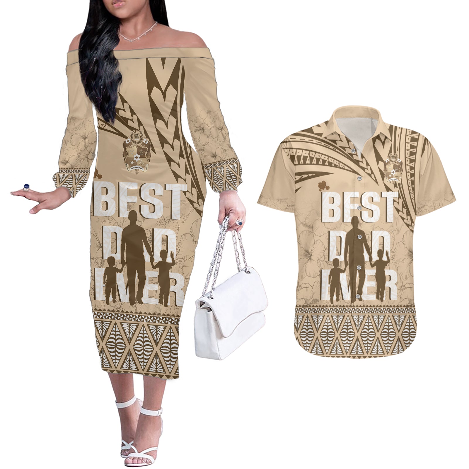 Tonga Father's Day Couples Matching Off The Shoulder Long Sleeve Dress and Hawaiian Shirt Best Dad Ever Tongan Ngatu Pattern - Beige