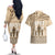 Tonga Father's Day Couples Matching Off The Shoulder Long Sleeve Dress and Hawaiian Shirt Best Dad Ever Tongan Ngatu Pattern - Beige