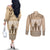 Tonga Father's Day Couples Matching Off The Shoulder Long Sleeve Dress and Long Sleeve Button Shirt Best Dad Ever Tongan Ngatu Pattern - Beige