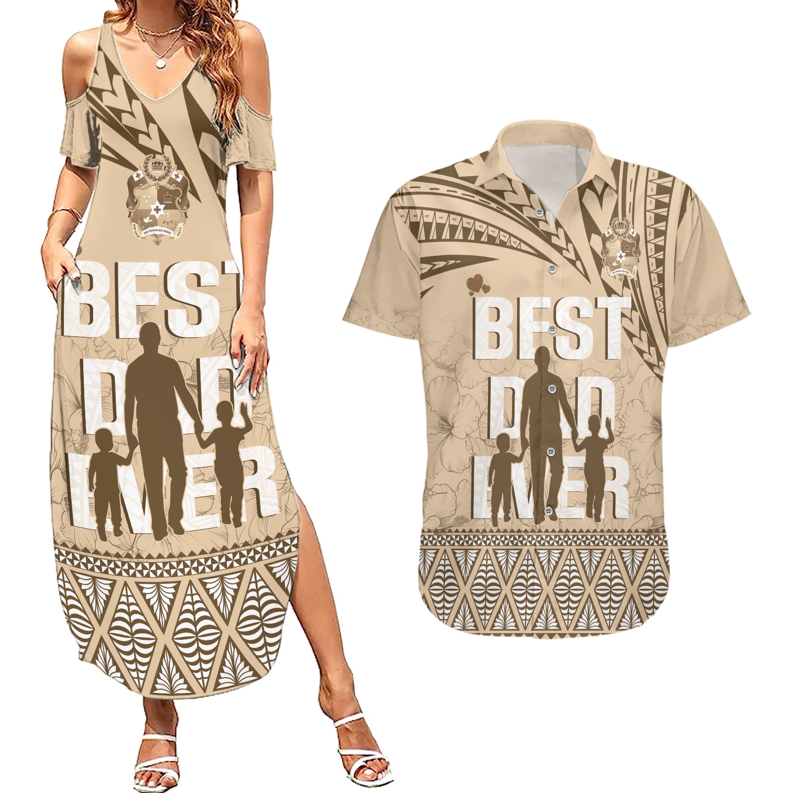 Tonga Father's Day Couples Matching Summer Maxi Dress and Hawaiian Shirt Best Dad Ever Tongan Ngatu Pattern - Beige