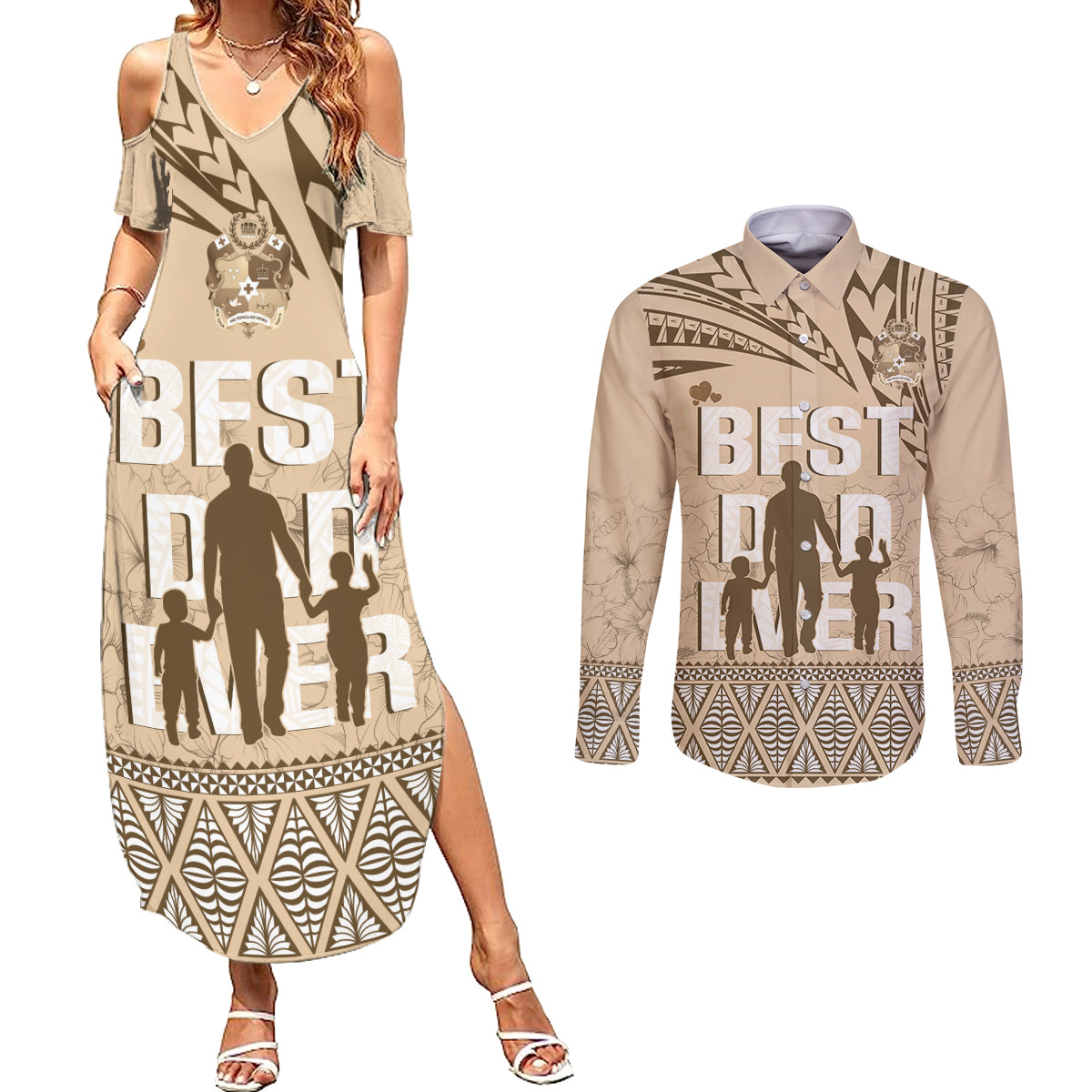 Tonga Father's Day Couples Matching Summer Maxi Dress and Long Sleeve Button Shirt Best Dad Ever Tongan Ngatu Pattern - Beige