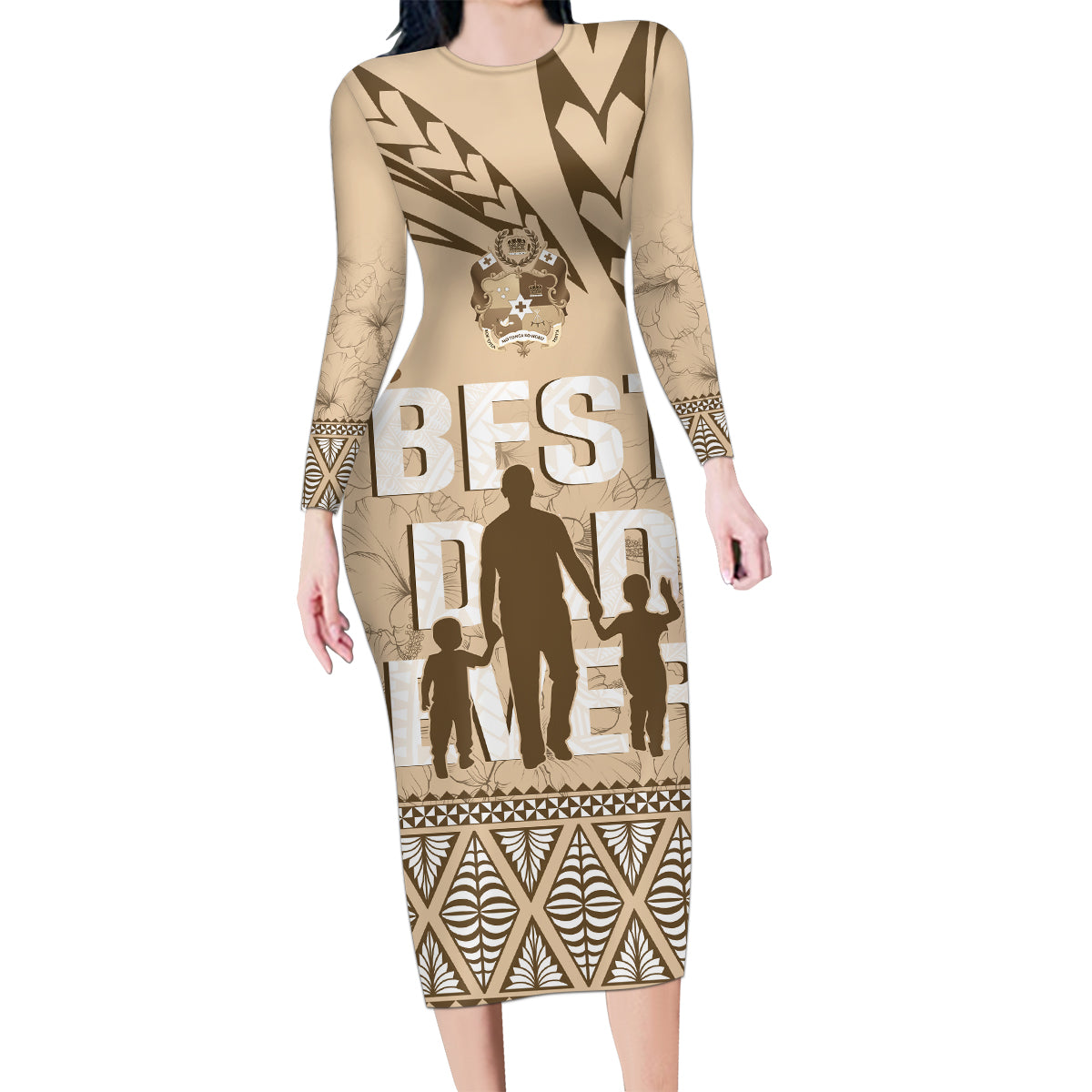 Tonga Father's Day Family Matching Long Sleeve Bodycon Dress and Hawaiian Shirt Best Dad Ever Tongan Ngatu Pattern - Beige