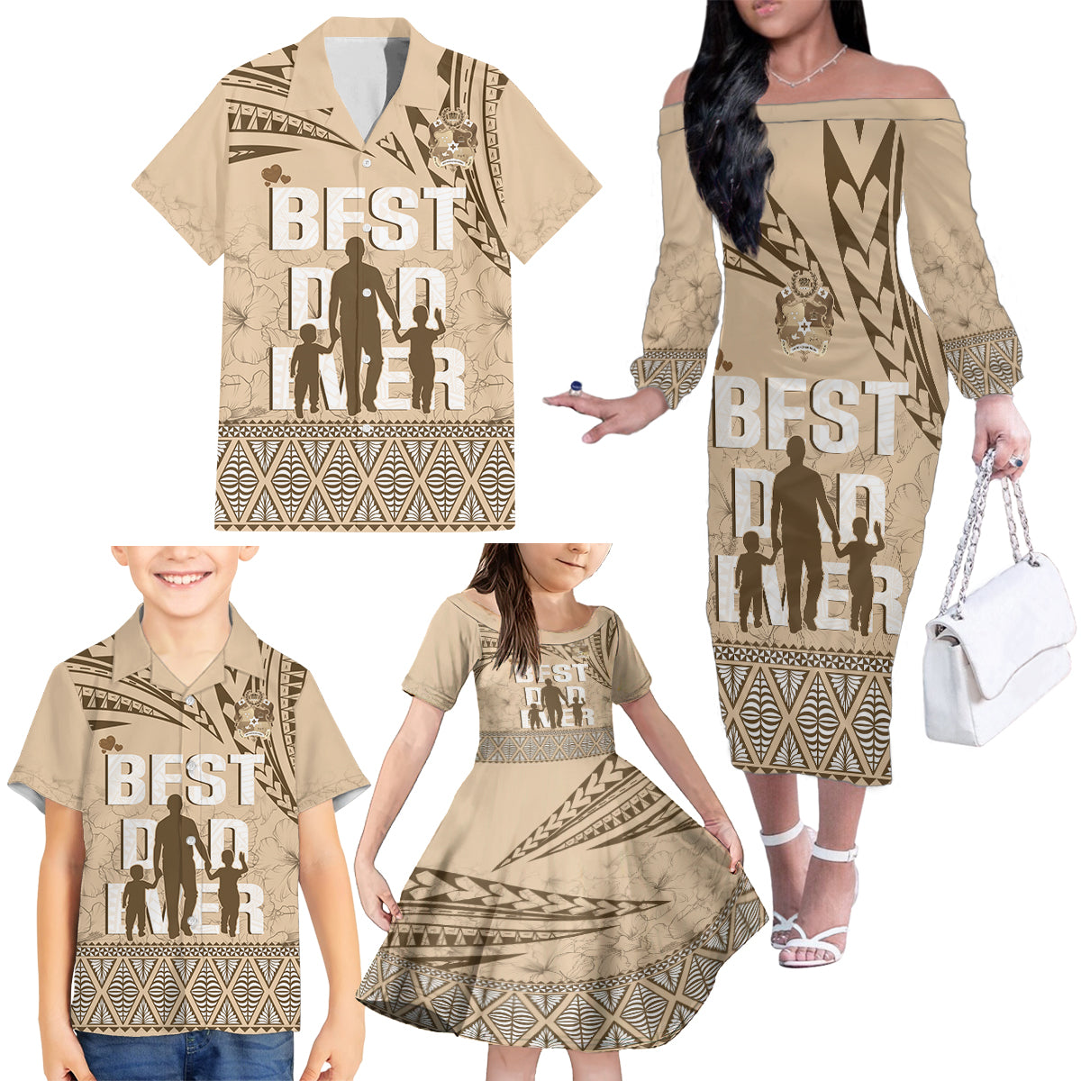 Tonga Father's Day Family Matching Off The Shoulder Long Sleeve Dress and Hawaiian Shirt Best Dad Ever Tongan Ngatu Pattern - Beige