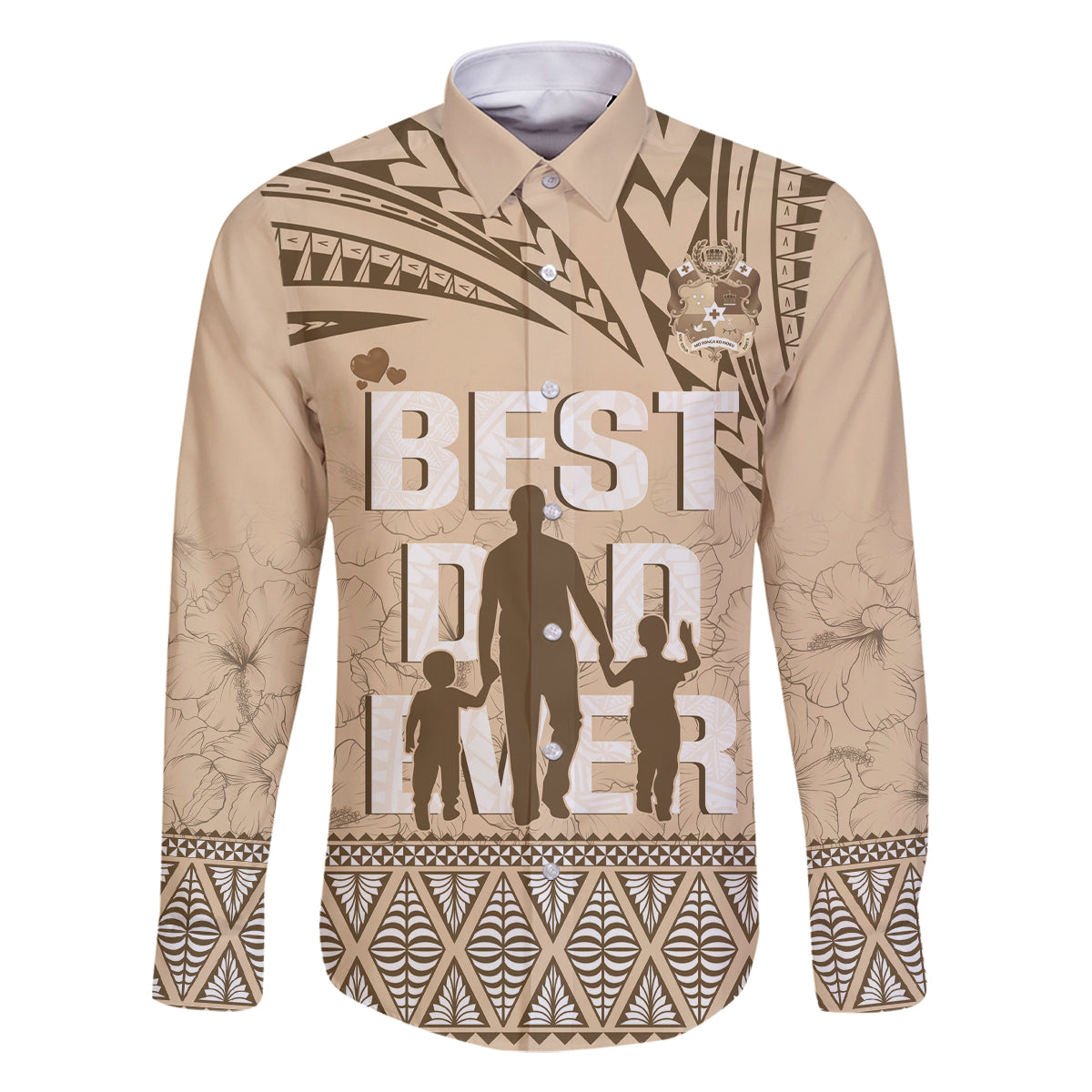 Tonga Father's Day Family Matching Off The Shoulder Long Sleeve Dress and Hawaiian Shirt Best Dad Ever Tongan Ngatu Pattern - Beige