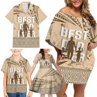 Tonga Father's Day Family Matching Off Shoulder Short Dress and Hawaiian Shirt Best Dad Ever Tongan Ngatu Pattern - Beige