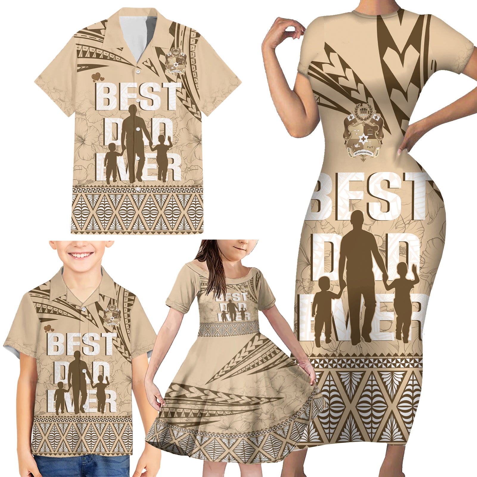 Tonga Father's Day Family Matching Short Sleeve Bodycon Dress and Hawaiian Shirt Best Dad Ever Tongan Ngatu Pattern - Beige