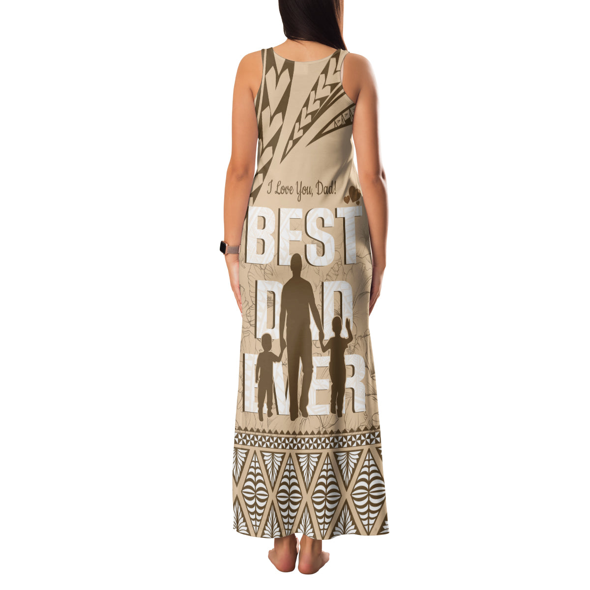 Tonga Father's Day Family Matching Tank Maxi Dress and Hawaiian Shirt Best Dad Ever Tongan Ngatu Pattern - Beige