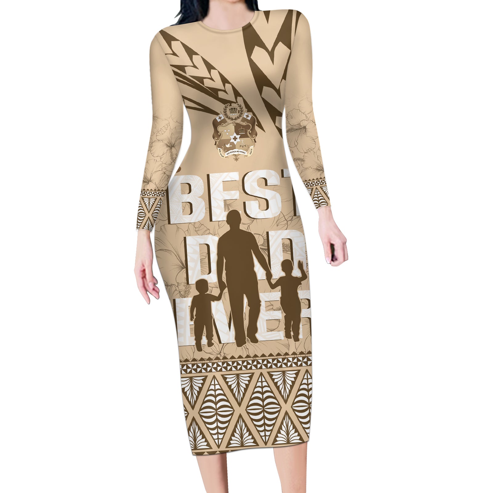 Tonga Father's Day Long Sleeve Bodycon Dress Best Dad Ever Tongan Ngatu Pattern - Beige