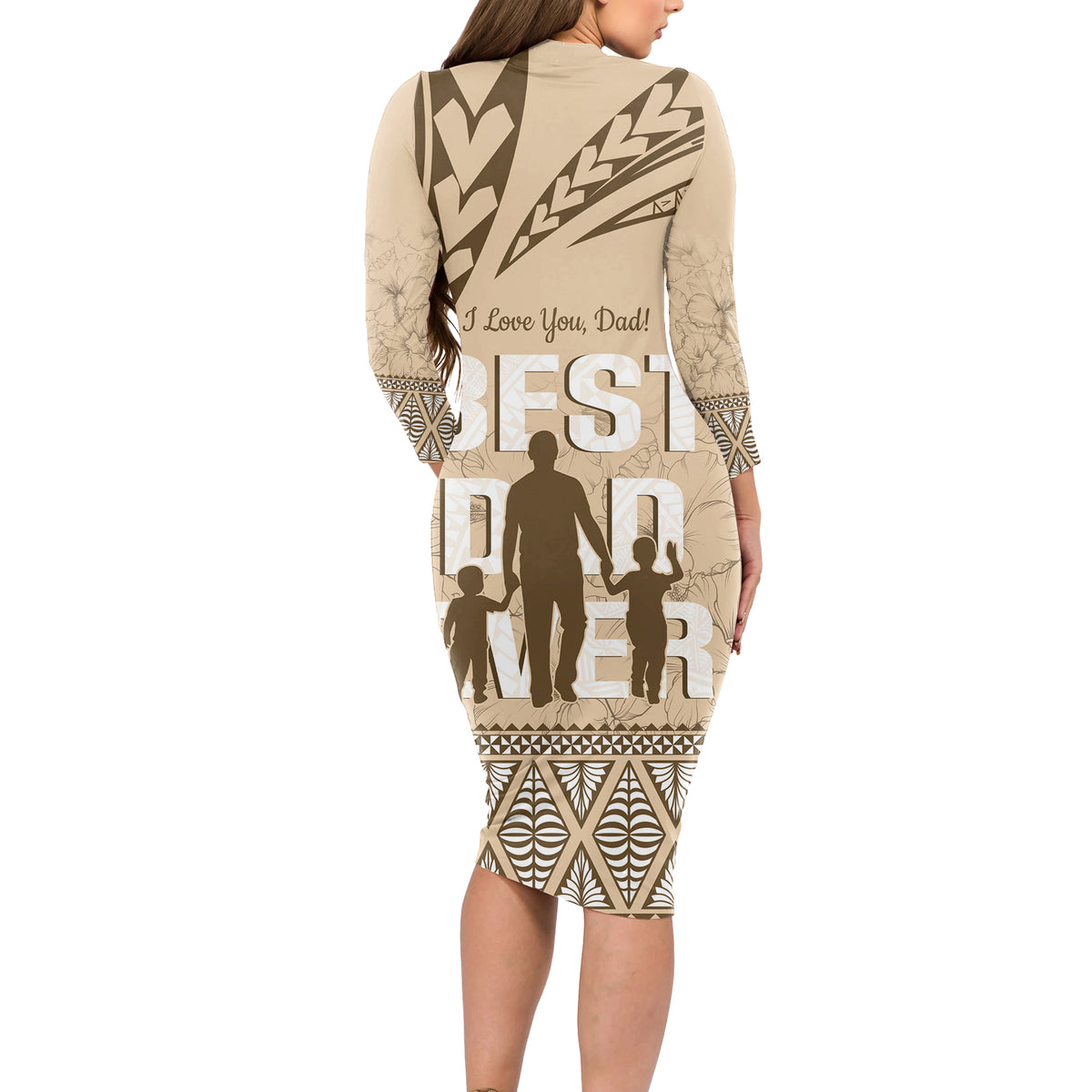 Tonga Father's Day Long Sleeve Bodycon Dress Best Dad Ever Tongan Ngatu Pattern - Beige
