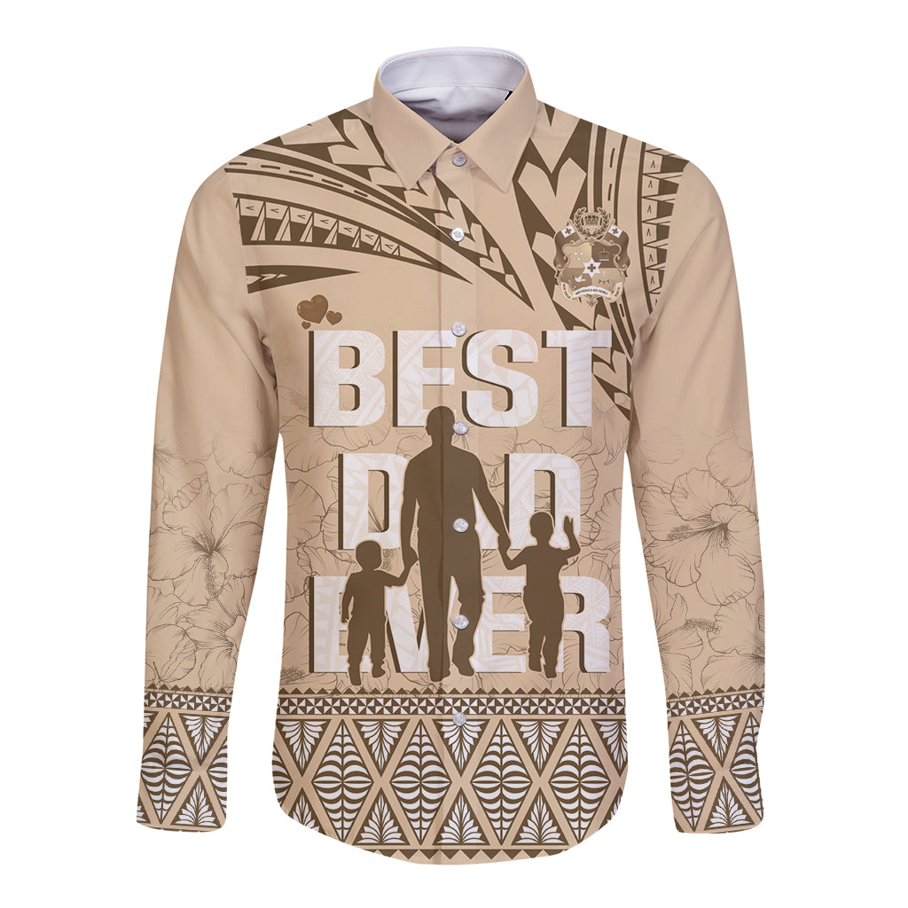 Tonga Father's Day Long Sleeve Button Shirt Best Dad Ever Tongan Ngatu Pattern - Beige