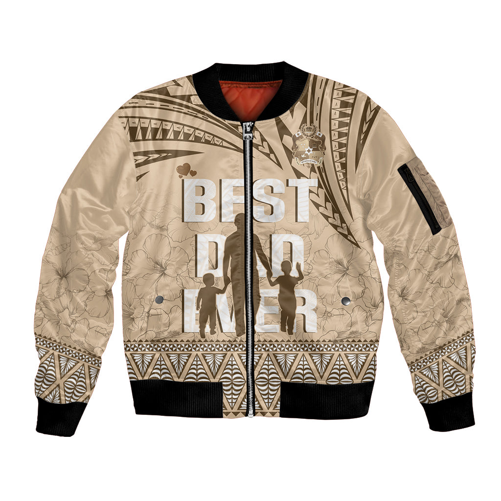 Tonga Father's Day Sleeve Zip Bomber Jacket Best Dad Ever Tongan Ngatu Pattern - Beige