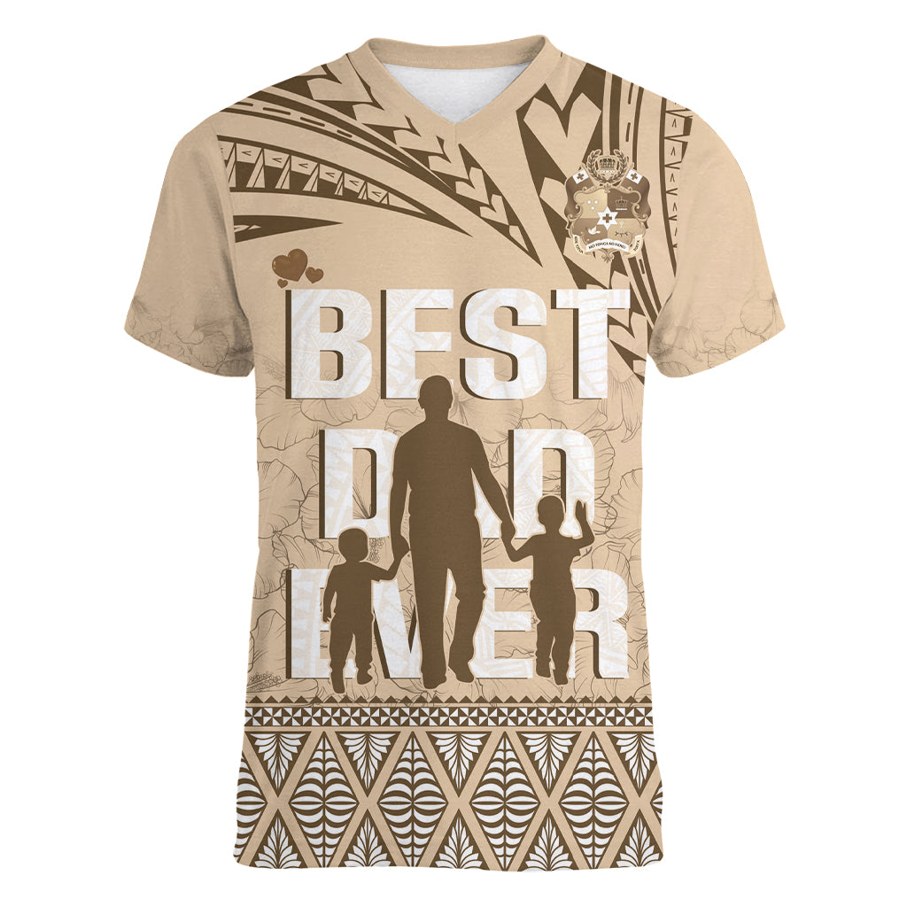 Tonga Father's Day Women V-Neck T-Shirt Best Dad Ever Tongan Ngatu Pattern - Beige