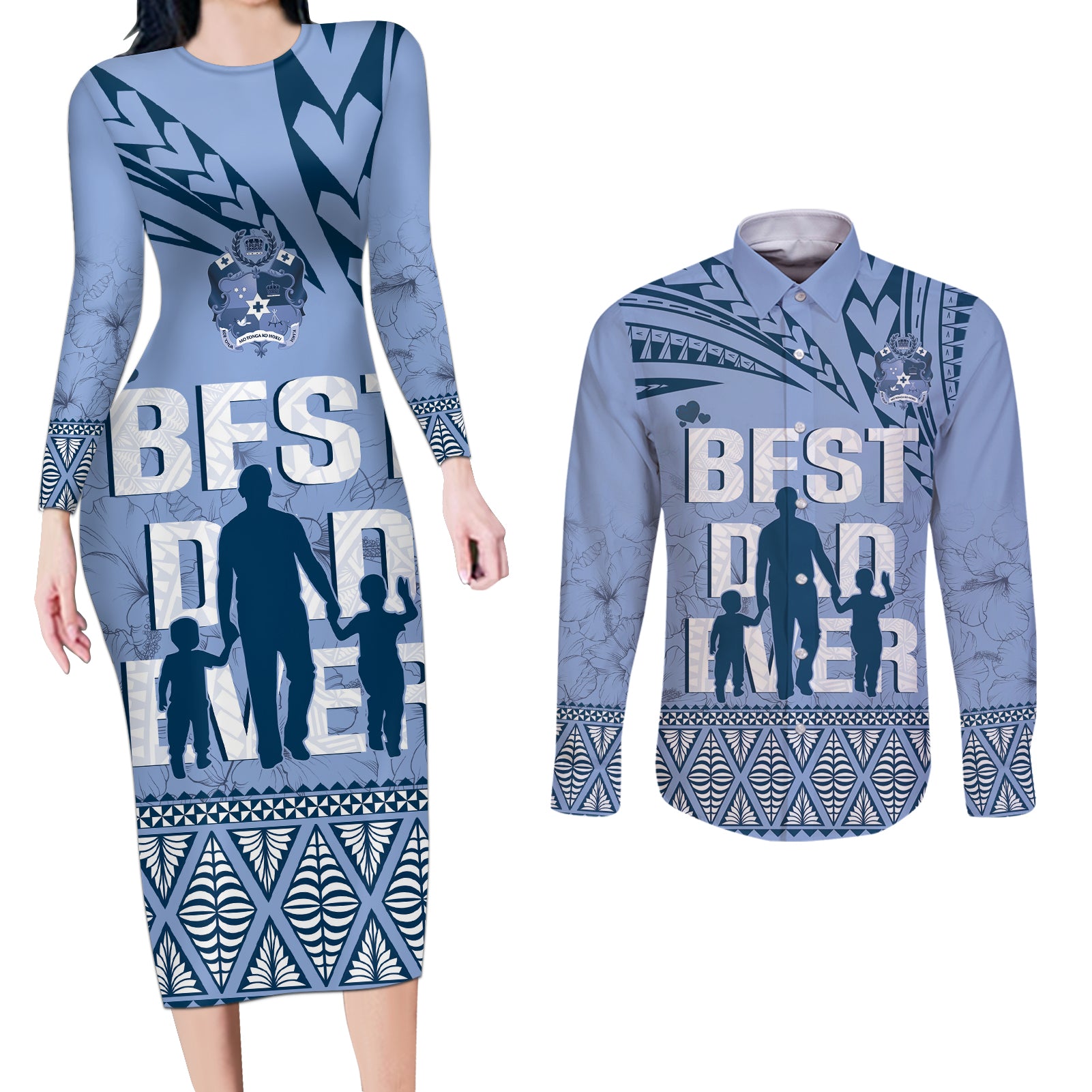 Tonga Father's Day Couples Matching Long Sleeve Bodycon Dress and Long Sleeve Button Shirt Best Dad Ever Tongan Ngatu Pattern - Blue