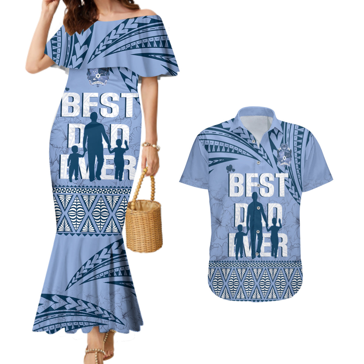 Tonga Father's Day Couples Matching Mermaid Dress and Hawaiian Shirt Best Dad Ever Tongan Ngatu Pattern - Blue