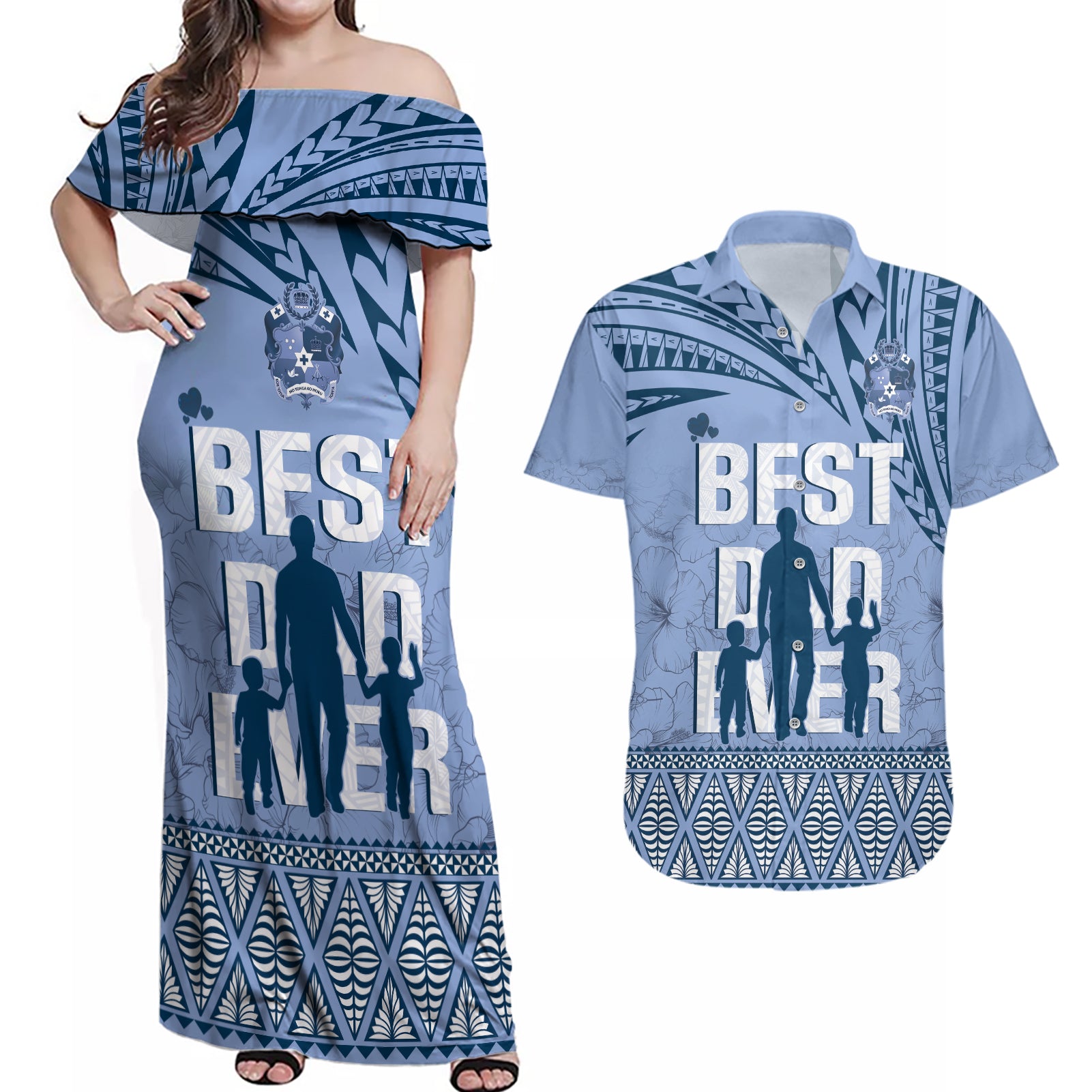 Tonga Father's Day Couples Matching Off Shoulder Maxi Dress and Hawaiian Shirt Best Dad Ever Tongan Ngatu Pattern - Blue